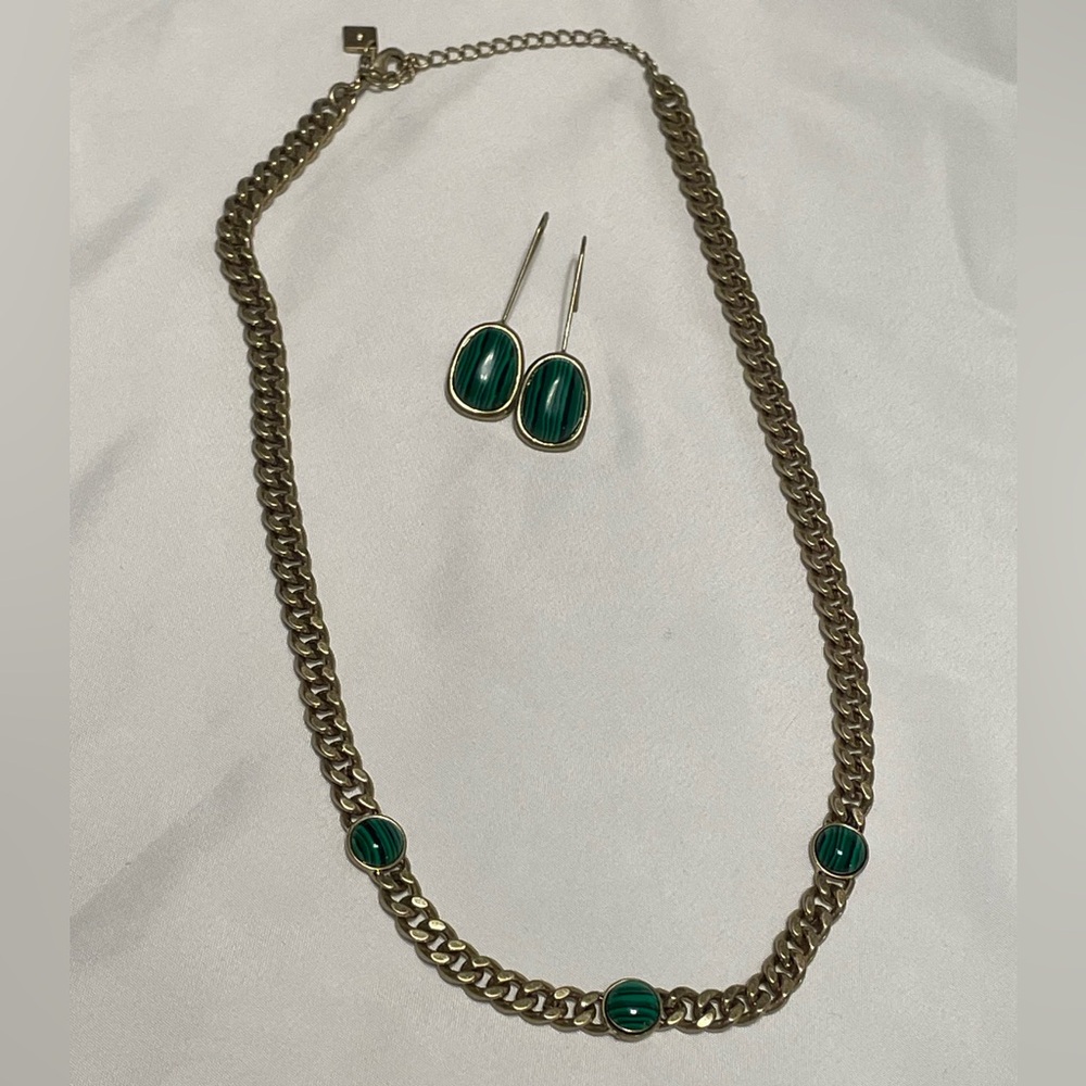 Banana Republic Chain Necklace and Green Stone Drop Earrings Set